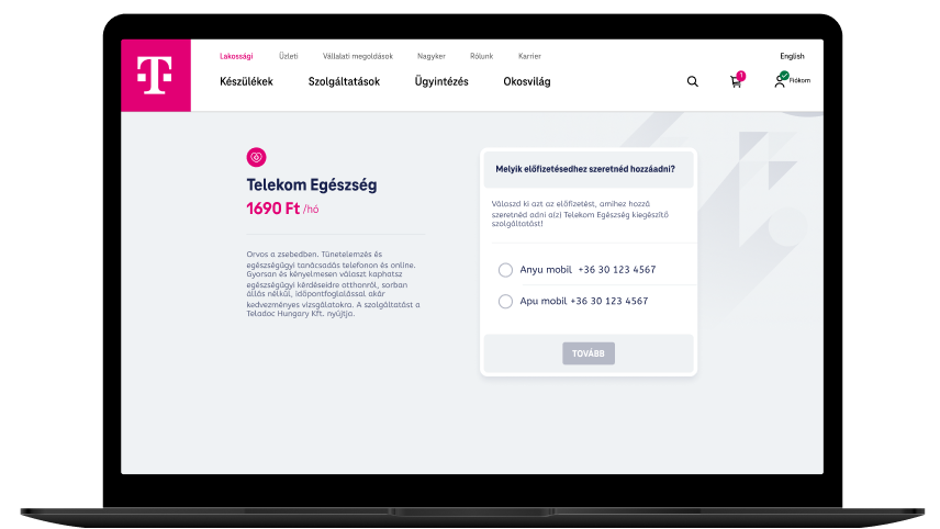 Telekom fiók bejelentkezési oldal a Telekom Egészség szolgáltatás áttekintésével.