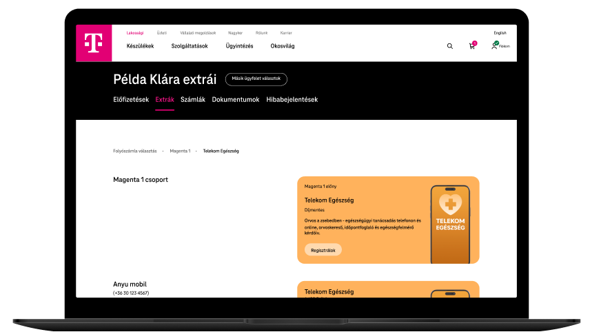 A Telekom fiókban a Telekom Egészség kártya a Regisztrálok gombbal.