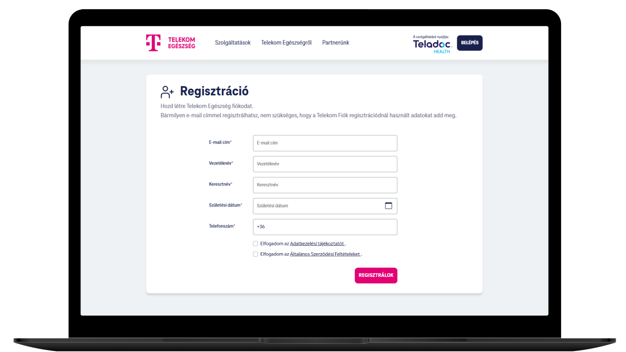 Telekom Egészség regisztrációs űrlap a személyes adatok megadásához.